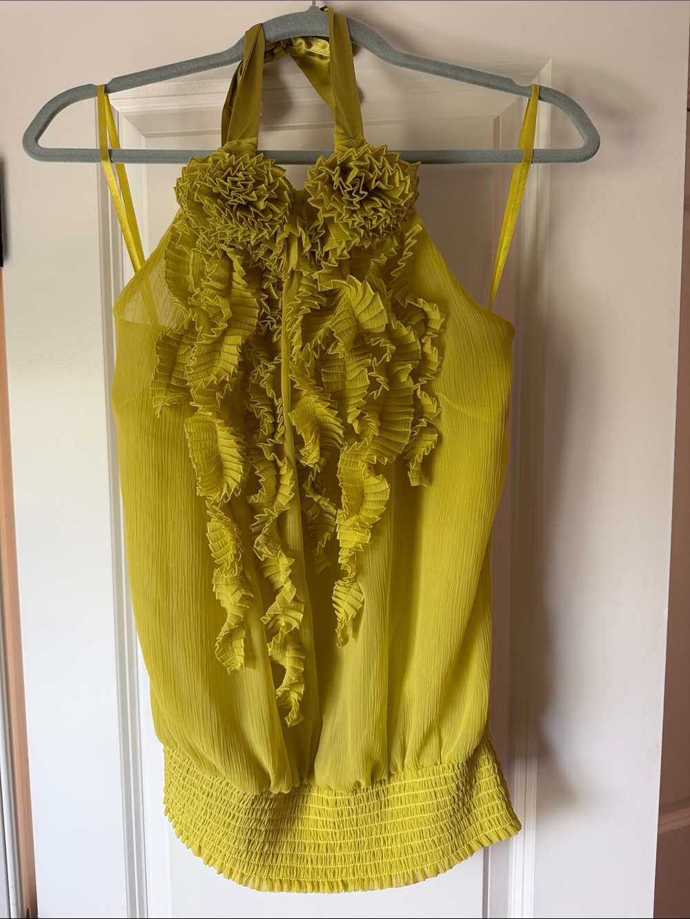 Arden B Yellow/Green Ruffled Halter Blouse